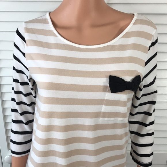 2/$25 ELLE Beige White Striped Shirt Size Medium - Picture 2 of 8